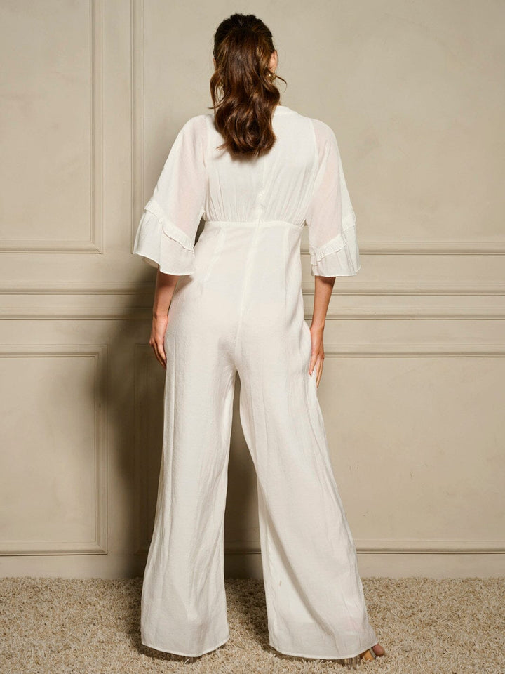WOMEN'S SHORT SLEEVE V-NECK RUFFLE WIDE LEG JUMPSUIT