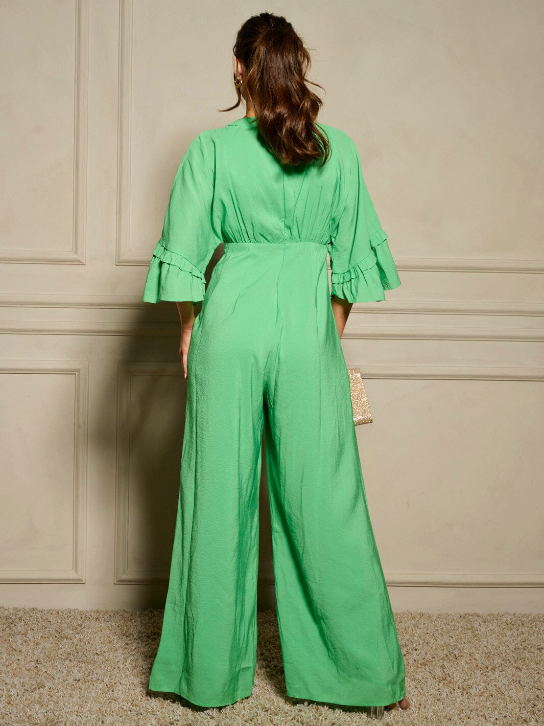 WOMEN'S SHORT SLEEVE V-NECK RUFFLE WIDE LEG JUMPSUIT