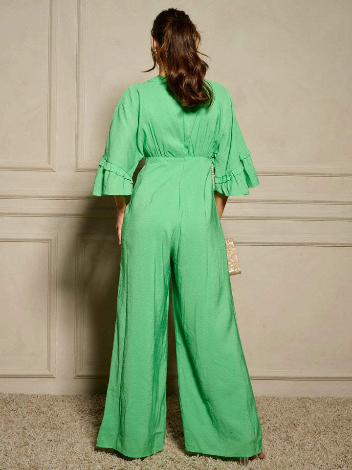 WOMEN'S SHORT SLEEVE V-NECK RUFFLE WIDE LEG JUMPSUIT