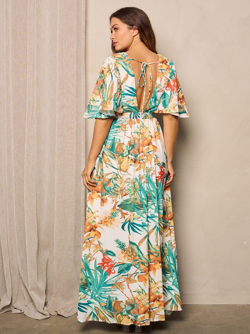 WOMEN'S SHORT SLEEVE V-NECK FLORAL PRINT MAXI DRESS
