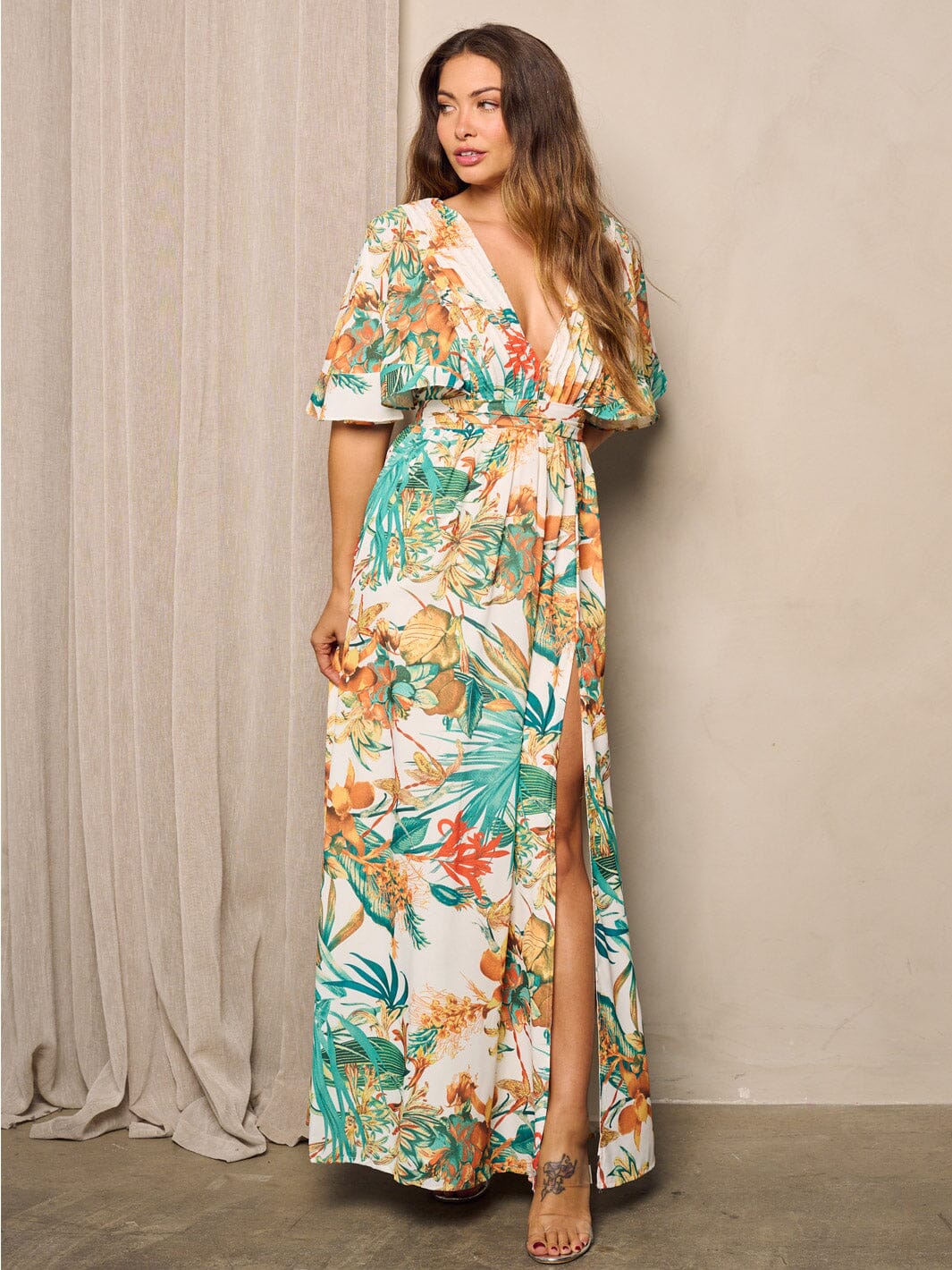 WOMEN'S SHORT SLEEVE V-NECK FLORAL PRINT MAXI DRESS