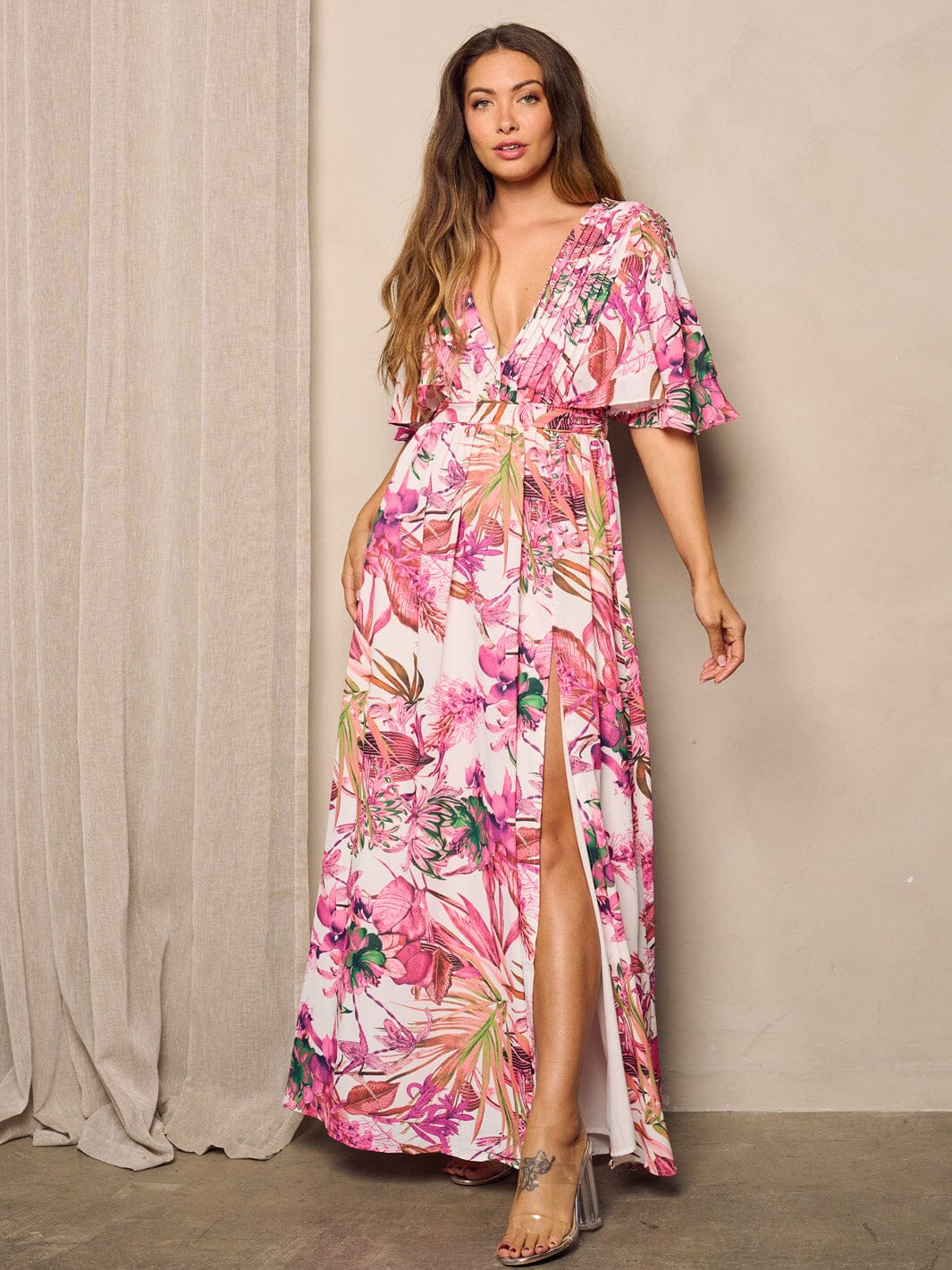 WOMEN'S SHORT SLEEVE V-NECK FLORAL PRINT MAXI DRESS