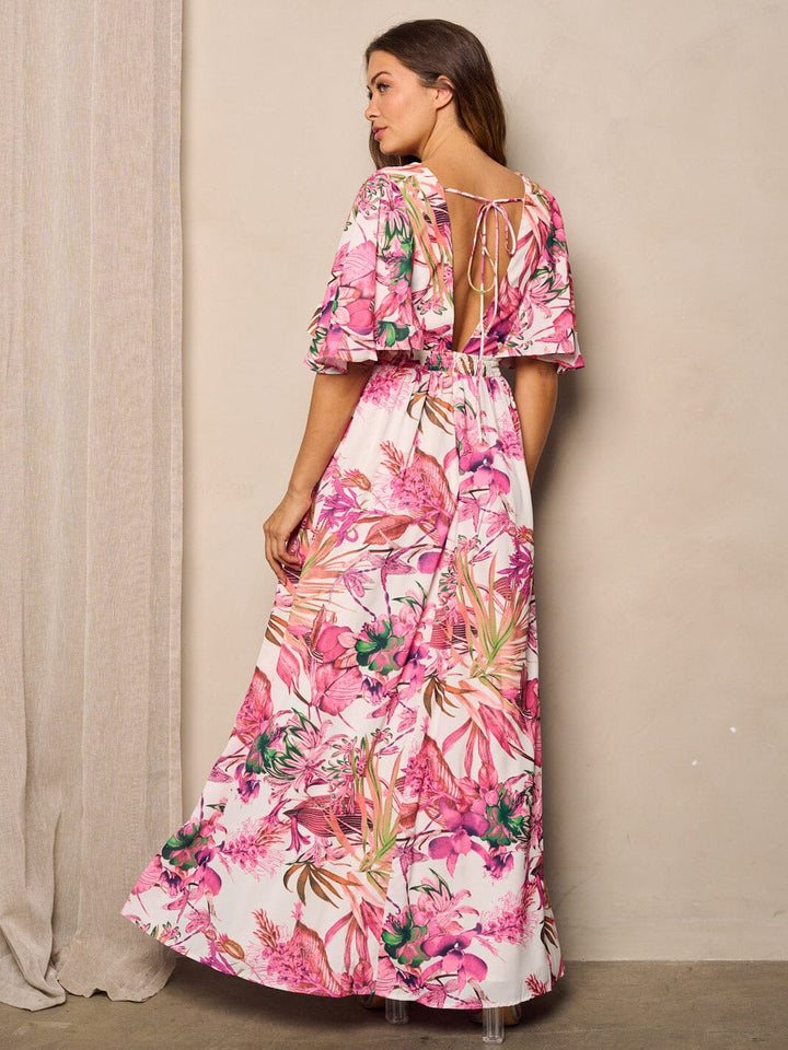 WOMEN'S SHORT SLEEVE V-NECK FLORAL PRINT MAXI DRESS