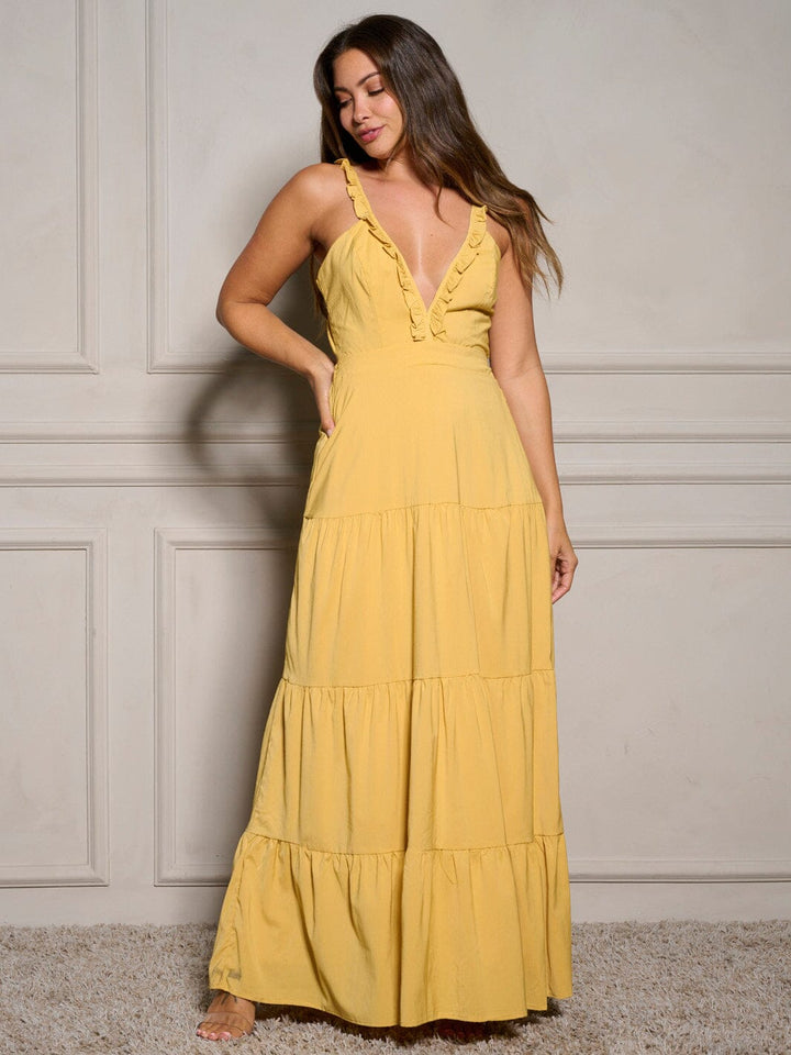 WOMEN'S SLEEVELESS V-NECK OPEN BACK RUFFLE MAXI DRESS