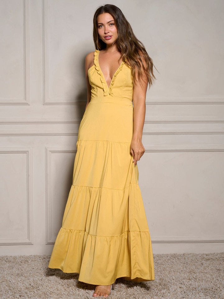 WOMEN'S SLEEVELESS V-NECK OPEN BACK RUFFLE MAXI DRESS
