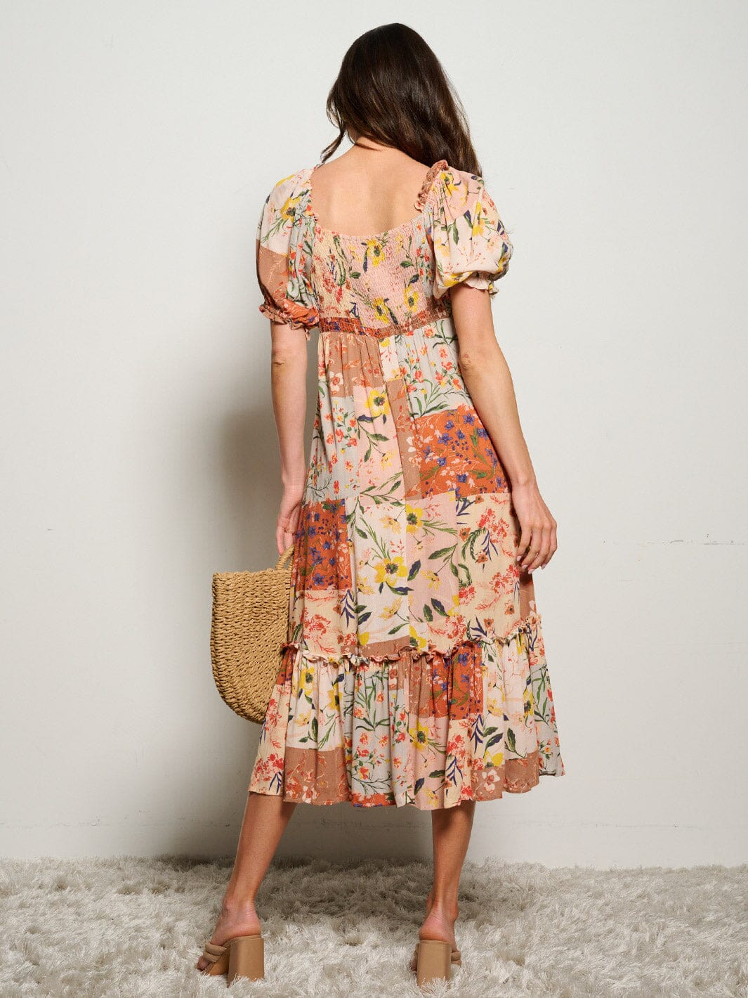 WOMEN'S SHORT PUFF SLEEVE V-NECK FLORAL MAXI DRESS