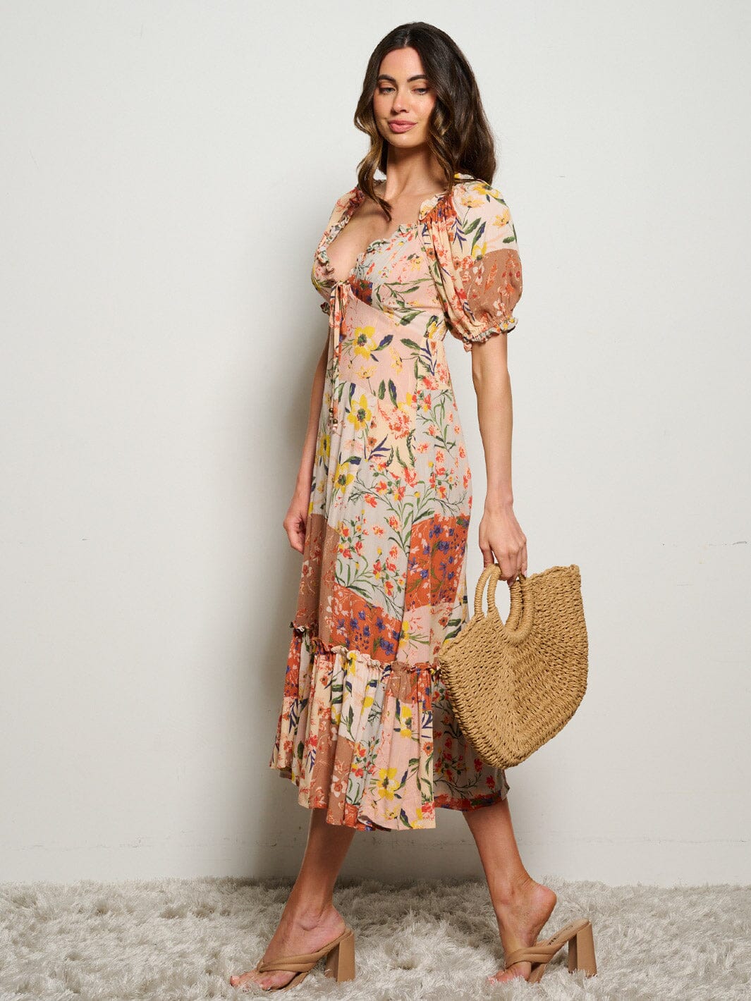 WOMEN'S SHORT PUFF SLEEVE V-NECK FLORAL MAXI DRESS