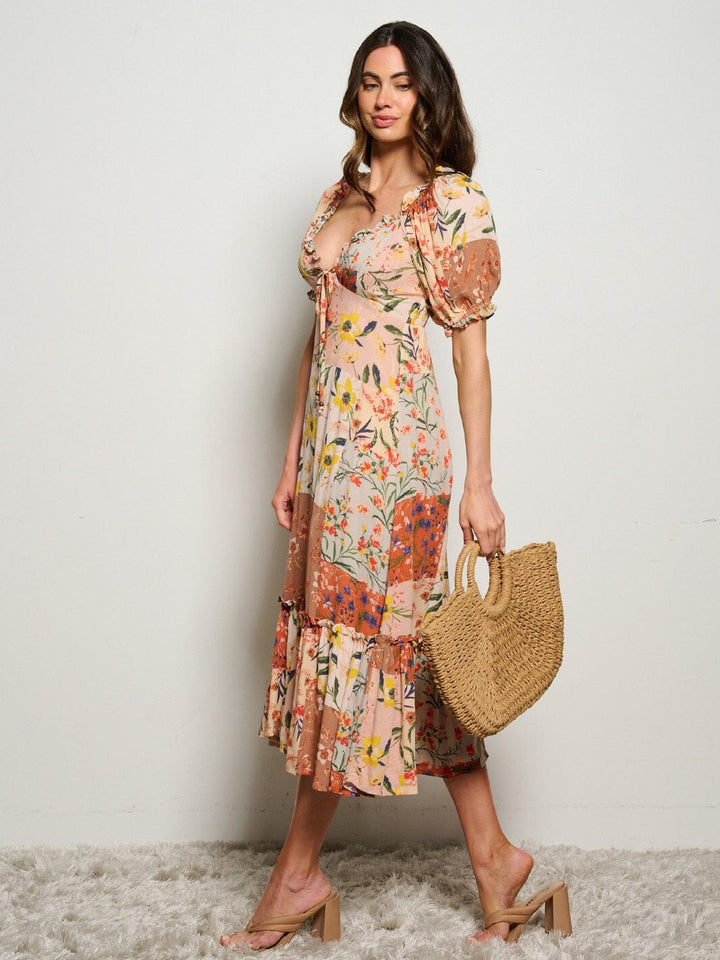 WOMEN'S SHORT PUFF SLEEVE V-NECK FLORAL MAXI DRESS