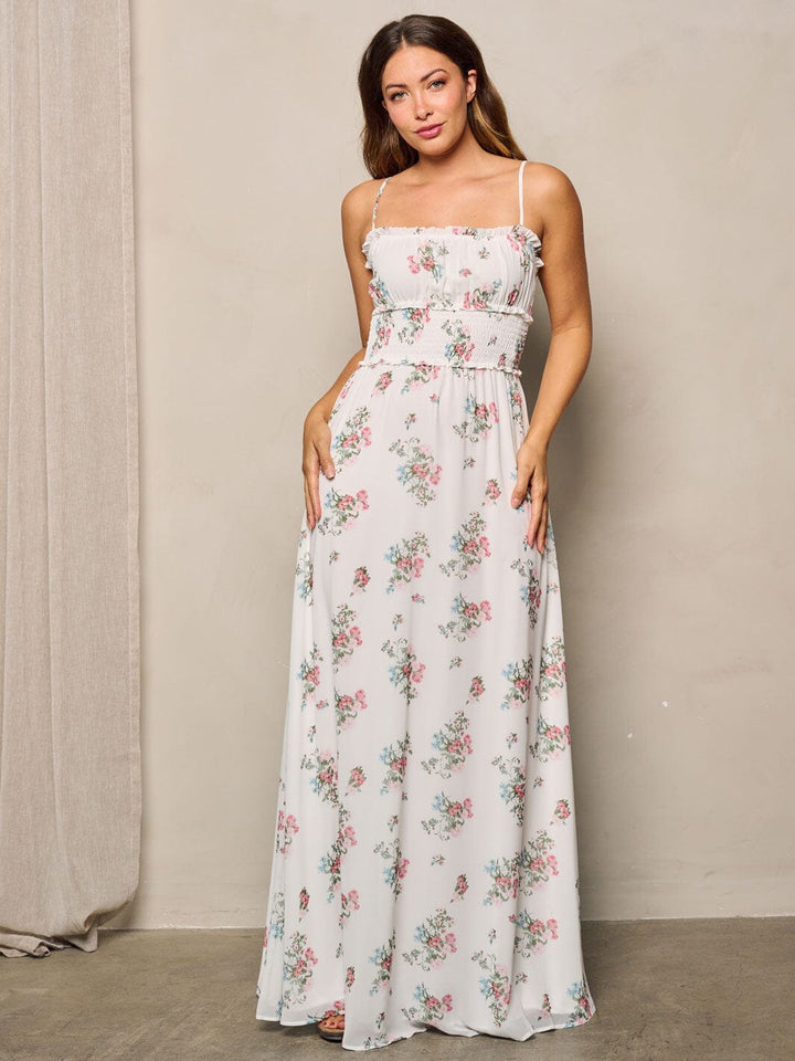 WOMEN'S SLEEVELESS SMOCK WAIST FLORAL MAXI DRESS
