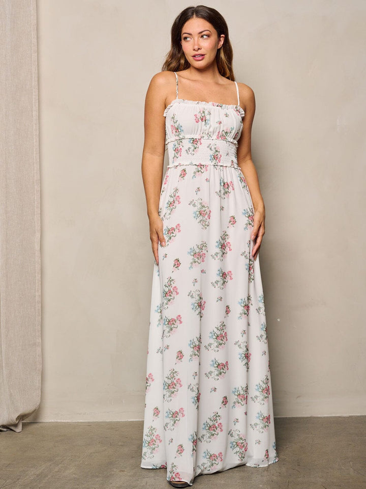 WOMEN'S SLEEVELESS SMOCK WAIST FLORAL MAXI DRESS