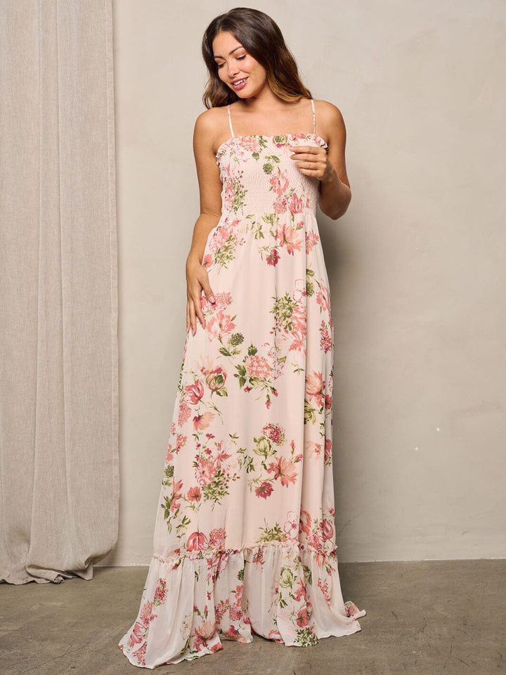 WOMEN'S SLEEVELESS SMOCK RUFFLE BOTTOM HEM FLORAL MAXI DRESS