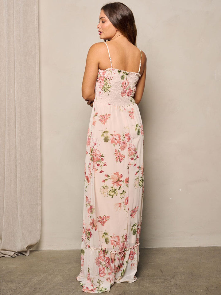 WOMEN'S SLEEVELESS SMOCK RUFFLE BOTTOM HEM FLORAL MAXI DRESS