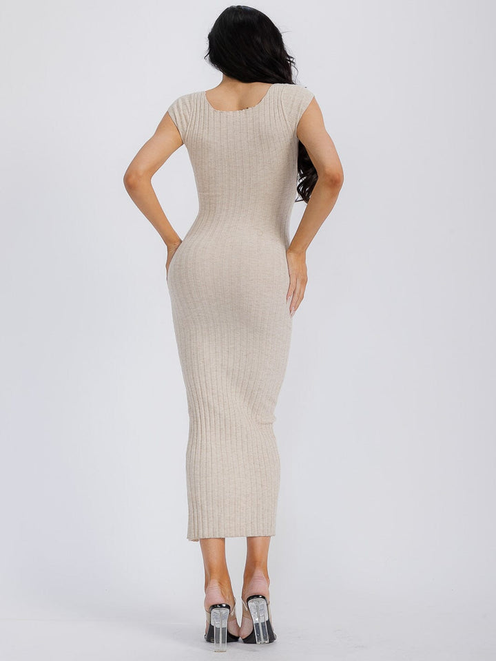 WOMEN'S SLEEVELESS V-NECK RIBBED FRONT SLIT BODYCON MAXI DRESS