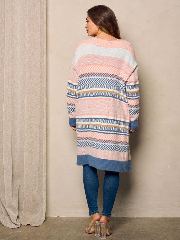 WOMEN'S LONG SLEEVE OPEN FRONT POCKETS MULTI COLOR CARDIGAN