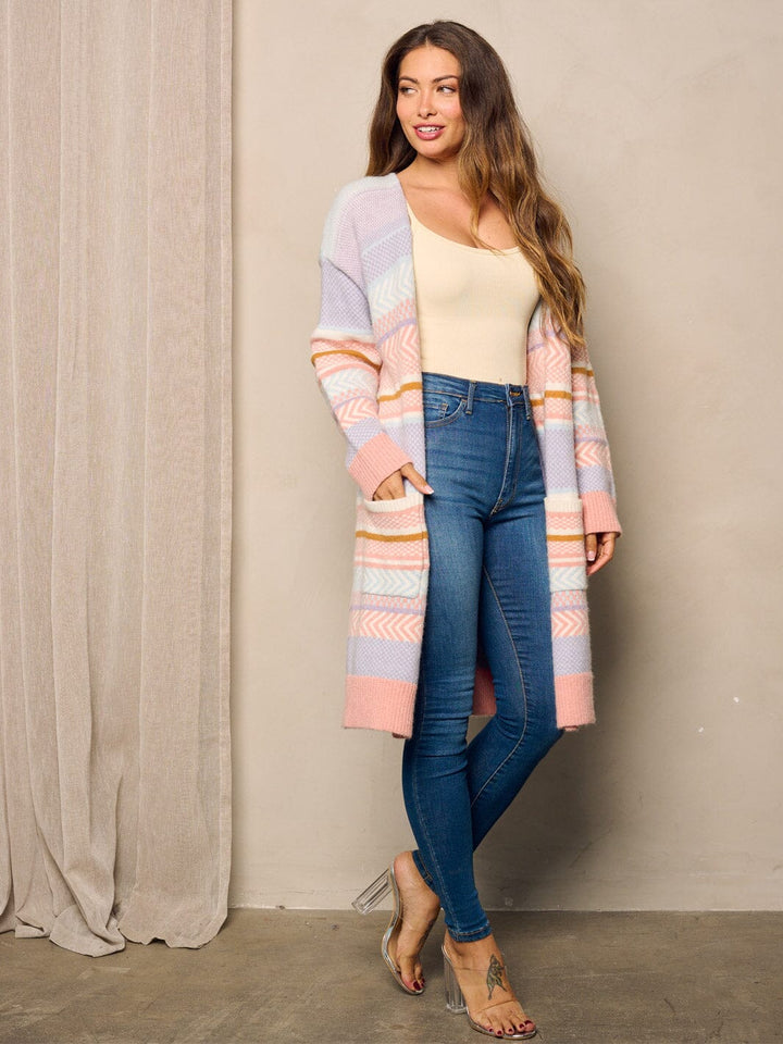 WOMEN'S LONG SLEEVE OPEN FRONT POCKETS MULTI COLOR CARDIGAN