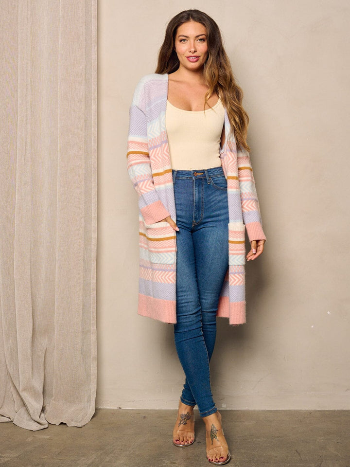 WOMEN'S LONG SLEEVE OPEN FRONT POCKETS MULTI COLOR CARDIGAN