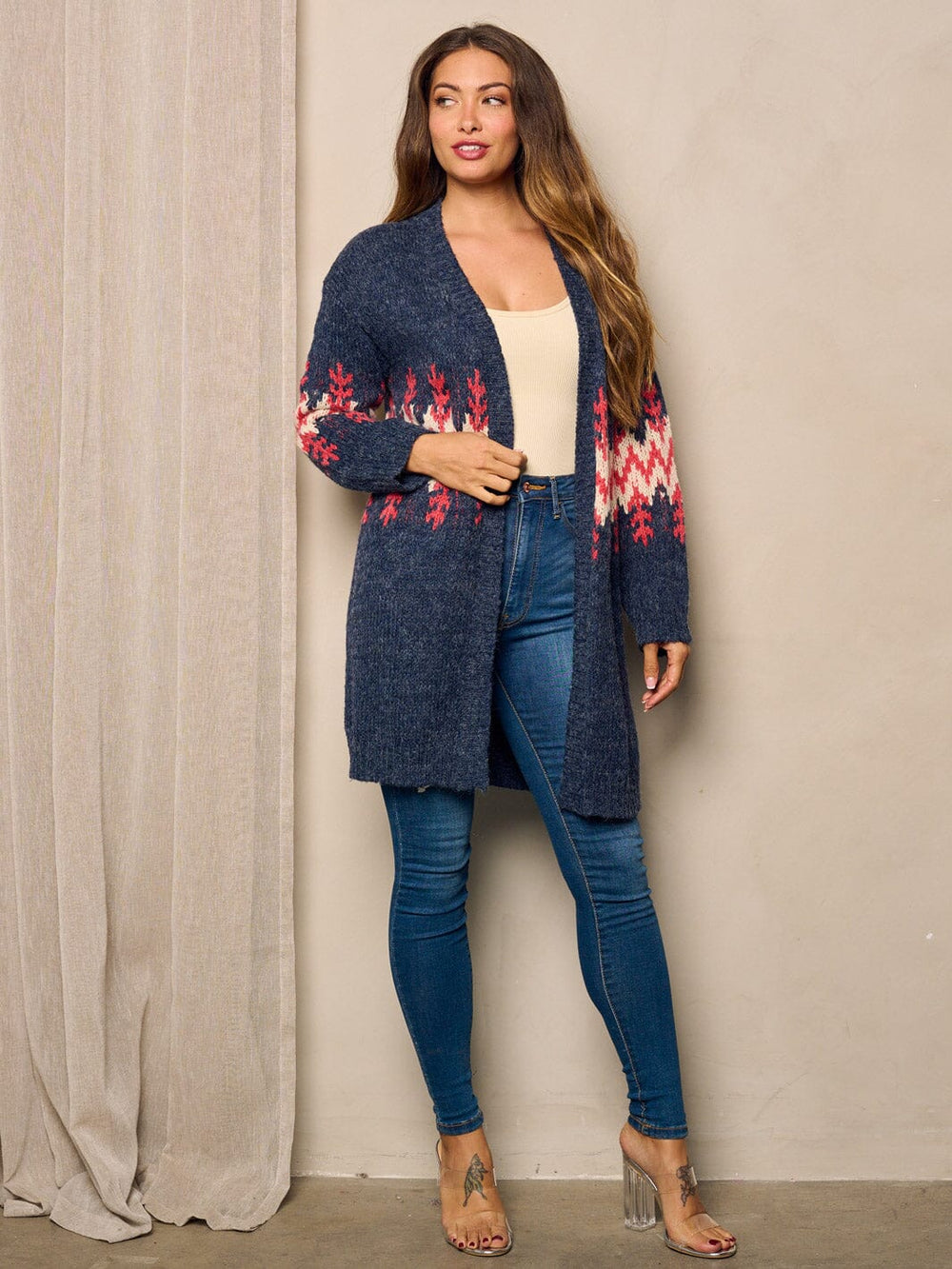 WOMEN'S LONG SLEEVE OPEN FRONT PRINTED CARDIGAN