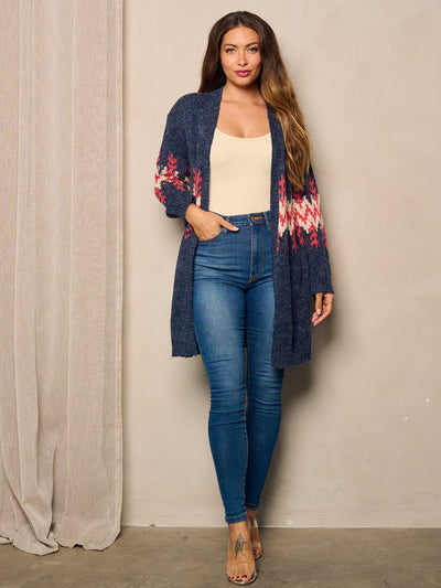 WOMEN'S LONG SLEEVE OPEN FRONT PRINTED CARDIGAN