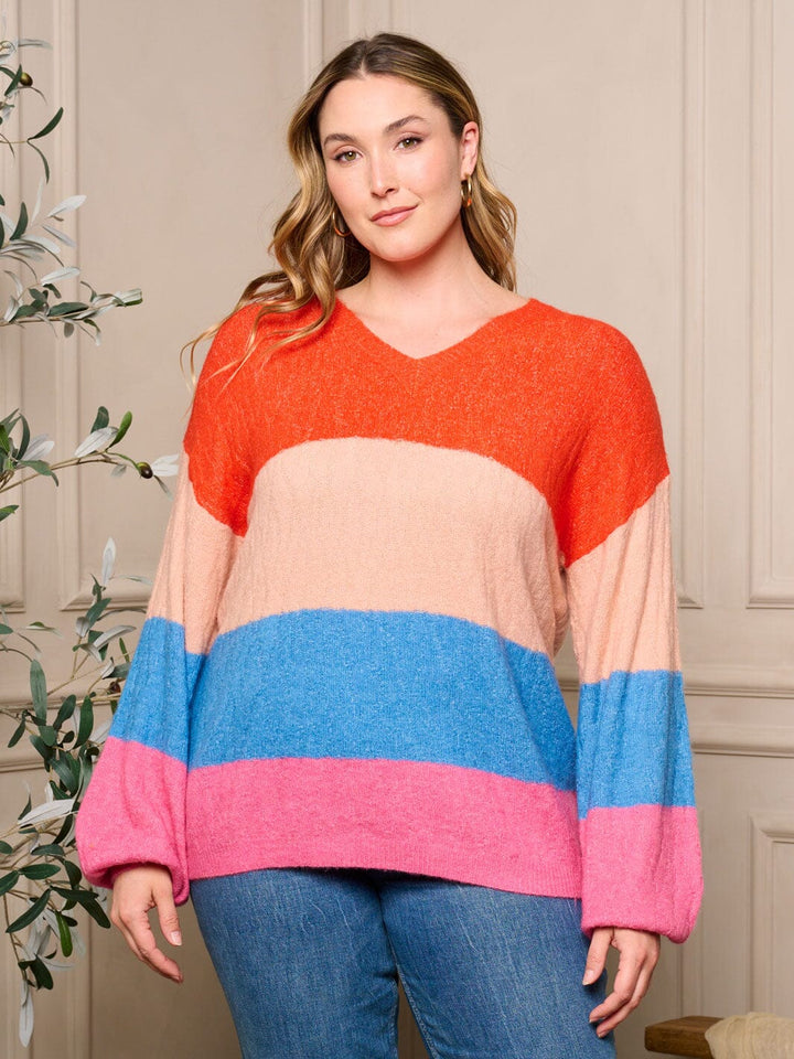 PLUS SIZE LONG SLEEVE V-NECK PULLOVER COLORBLOCK SWEATER