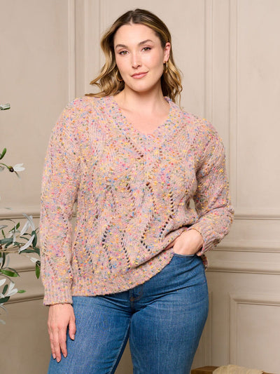 PLUS SIZE LONG SLEEVE V-NECK PULLOVER MULTI COLORS SWEATER