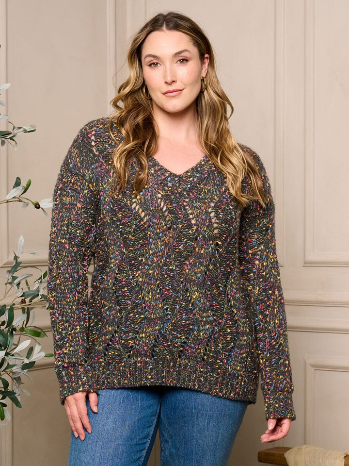 PLUS SIZE LONG SLEEVE V-NECK PULLOVER MULTI COLORS SWEATER