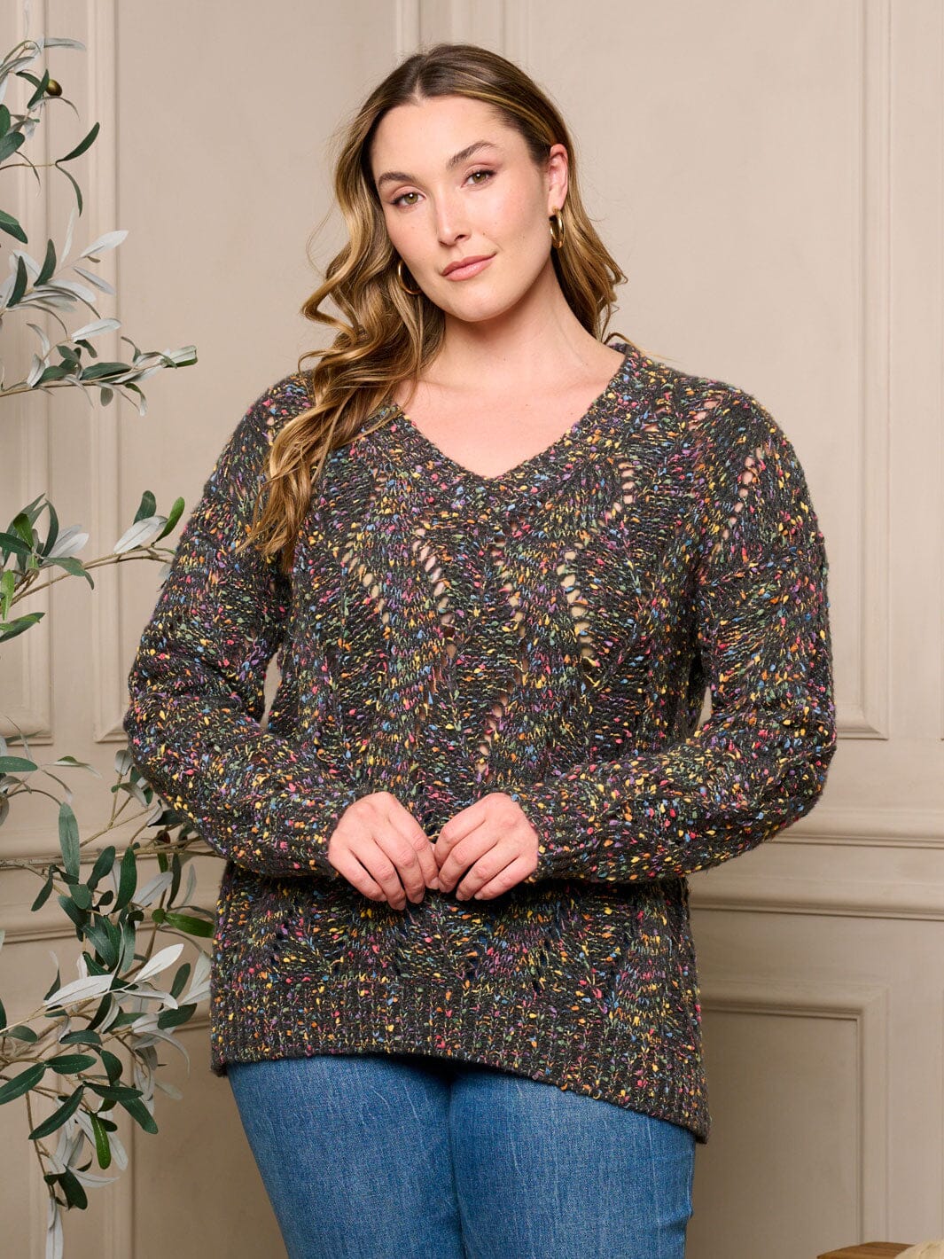 PLUS SIZE LONG SLEEVE V-NECK PULLOVER MULTI COLORS SWEATER
