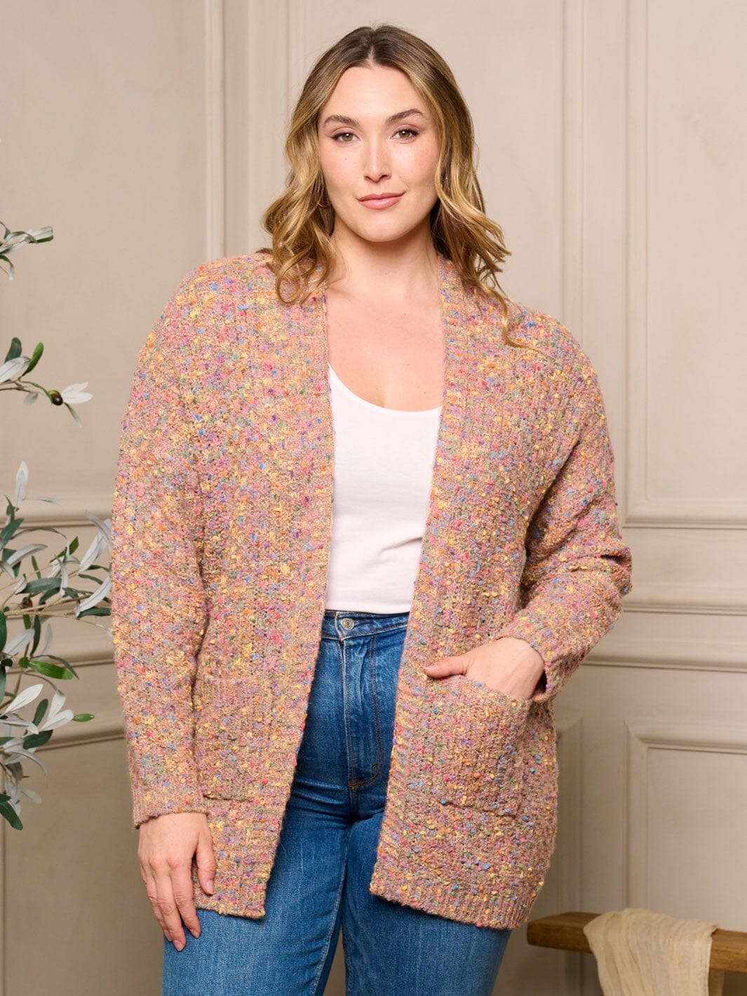 PLUS SIZE LONG SLEEVE OPEN FRONT POCKETS MULTI CARDIGAN