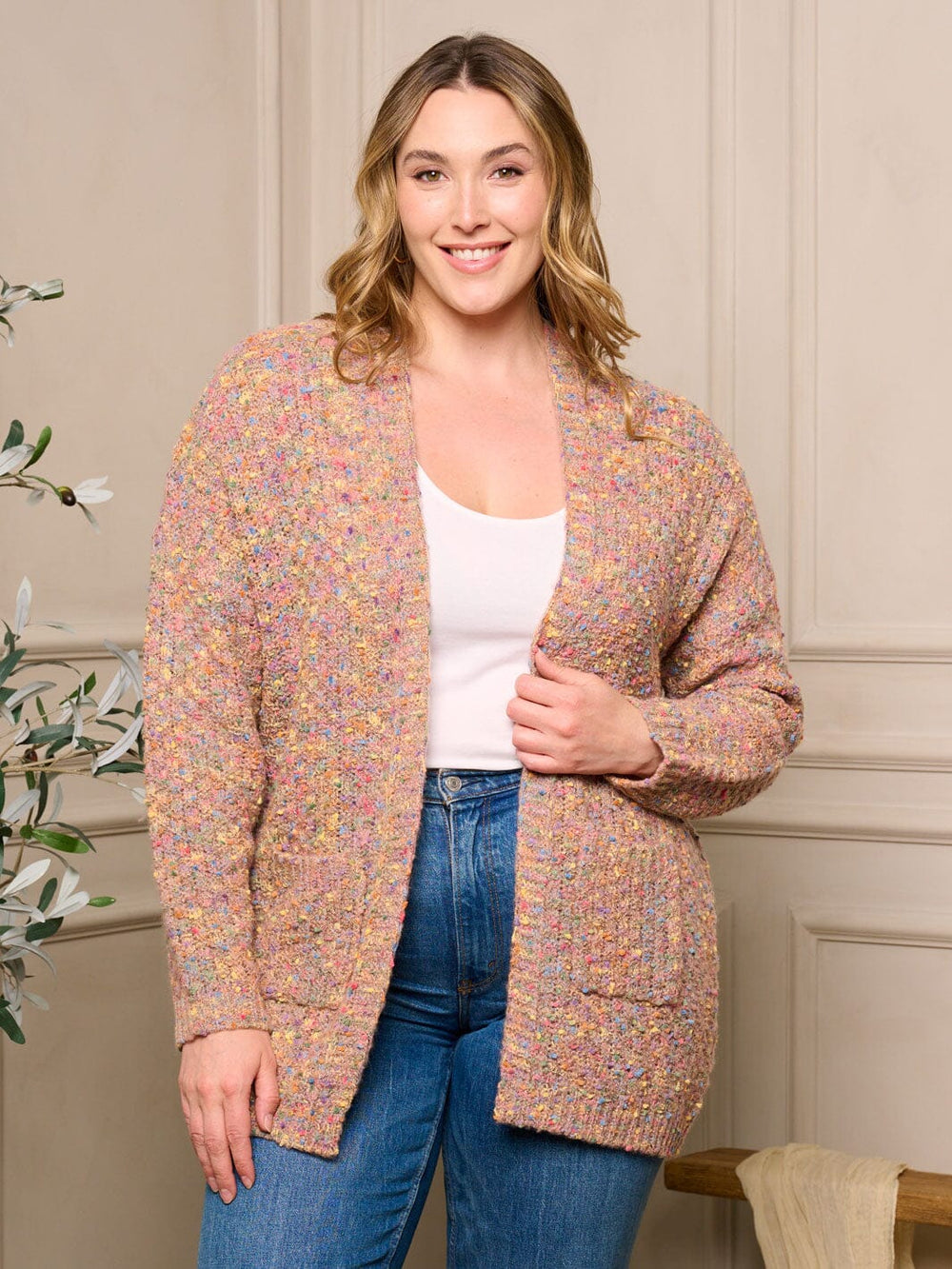 PLUS SIZE LONG SLEEVE OPEN FRONT POCKETS MULTI CARDIGAN