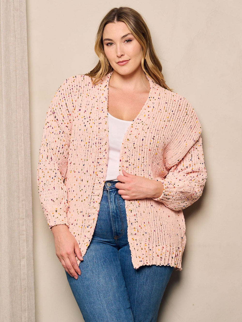 PLUS SIZE LONG SLEEVE OPEN FRONT MULTI DOTS CARDIGAN
