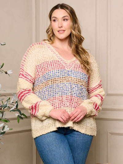 PLUS SIZE LONG SLEEVE V-NECK PULLOVER MULTI COLORS SWEATER