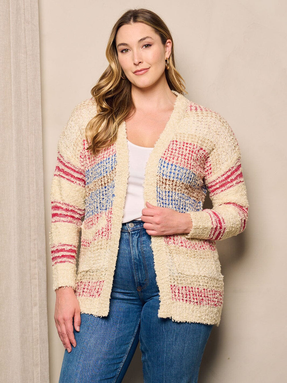 PLUS SIZE LONG SLEEVE OPEN FRONT POCKETS MULTI CARDIGAN