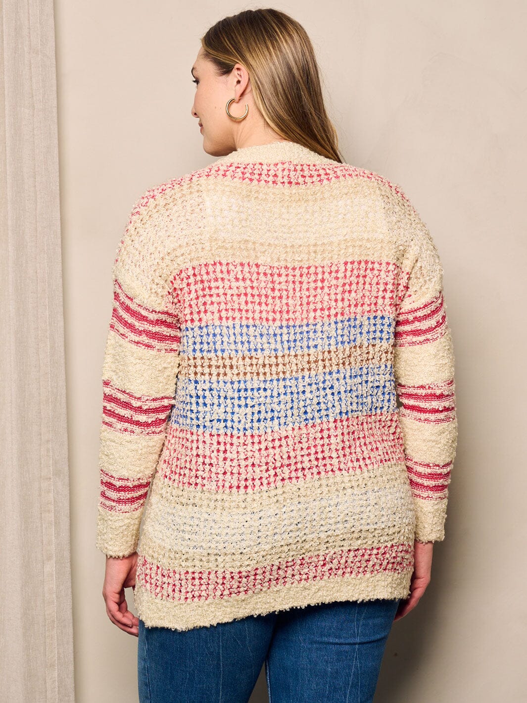 PLUS SIZE LONG SLEEVE OPEN FRONT POCKETS MULTI CARDIGAN