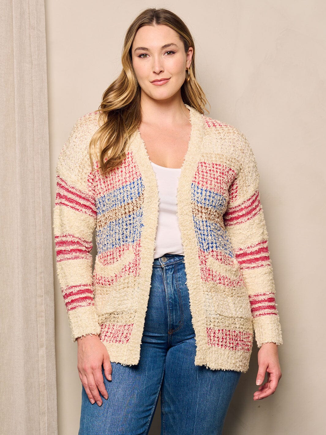 PLUS SIZE LONG SLEEVE OPEN FRONT POCKETS MULTI CARDIGAN