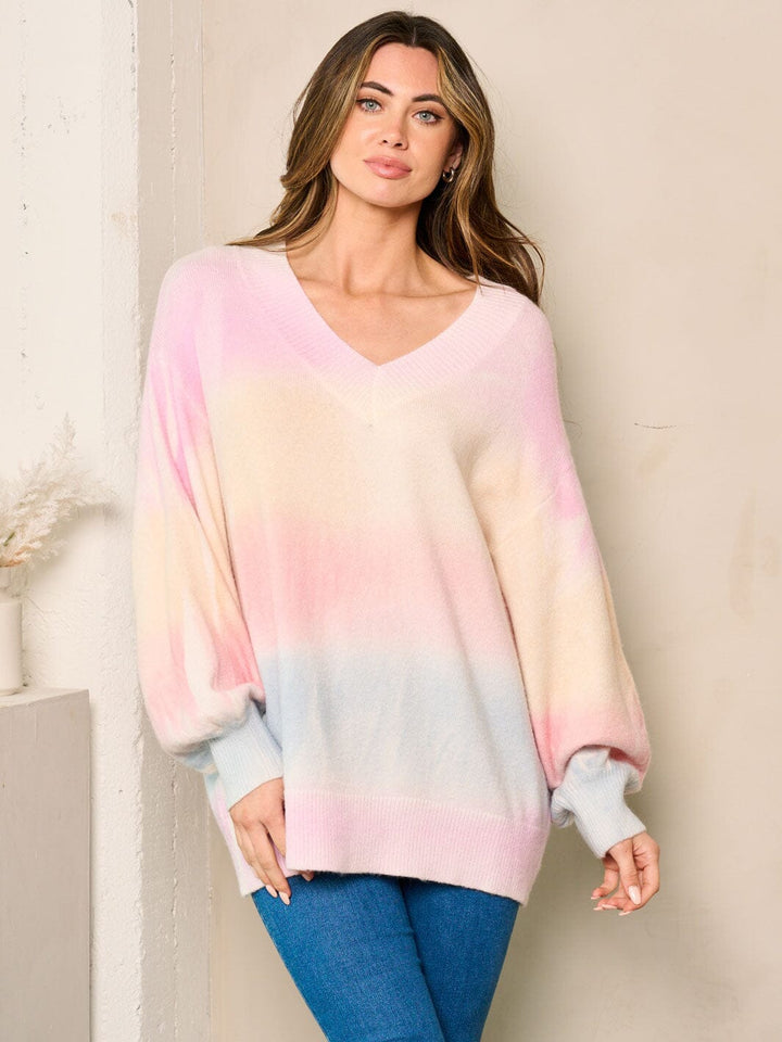 WOMEN'S LONG SLEEVES V-NECK MULTI COLOR STRIPES SWEATER