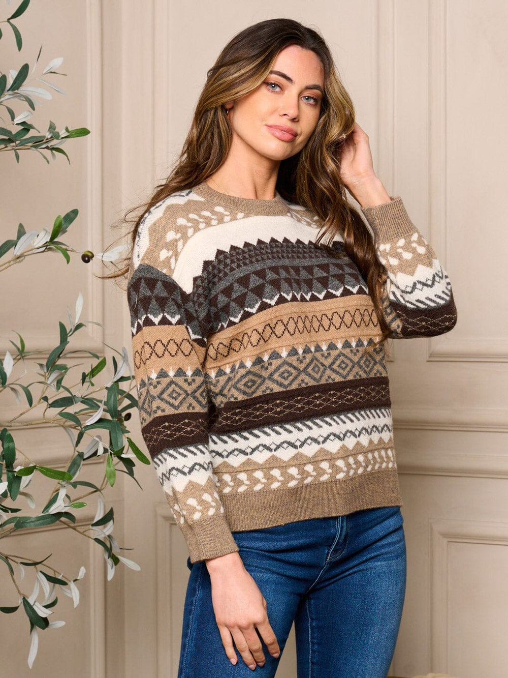 WOMENS LONG SLEEVE PULLOVER COLORBLOCK MULTI PRINT SWEATER