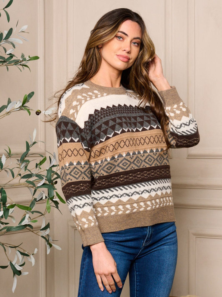WOMENS LONG SLEEVE PULLOVER COLORBLOCK MULTI PRINT SWEATER