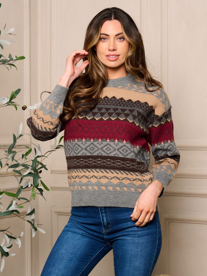 WOMENS LONG SLEEVE PULLOVER COLORBLOCK MULTI PRINT SWEATER