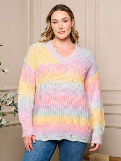 PLUS SIZE LONG SLEEVE V-NECK PULLOVER COLORBLOCK DISTRESS SWEATER