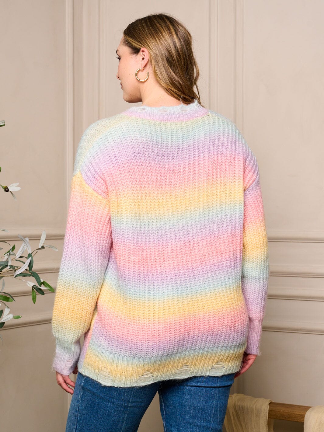 PLUS SIZE LONG SLEEVE V-NECK PULLOVER COLORBLOCK DISTRESS SWEATER