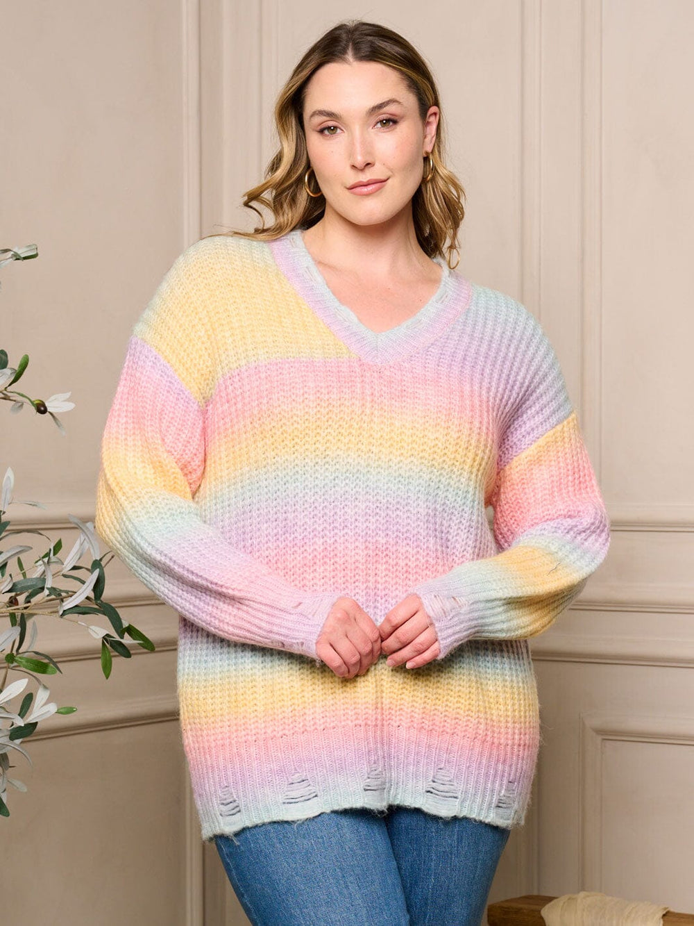 PLUS SIZE LONG SLEEVE V-NECK PULLOVER COLORBLOCK DISTRESS SWEATER