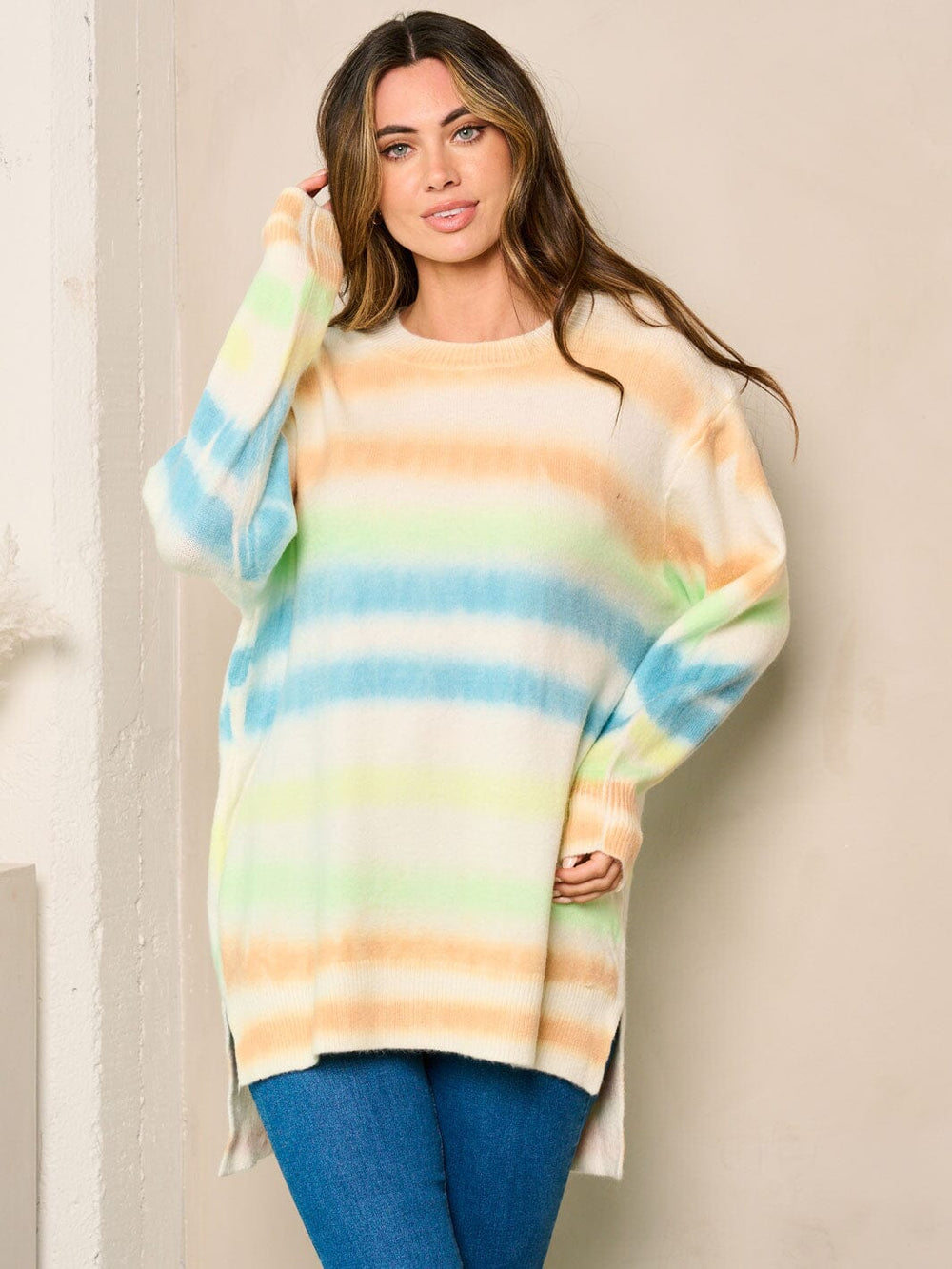 WOMEN'S LONG SLEEVES MULTI COLOR STRIPES SWEATER