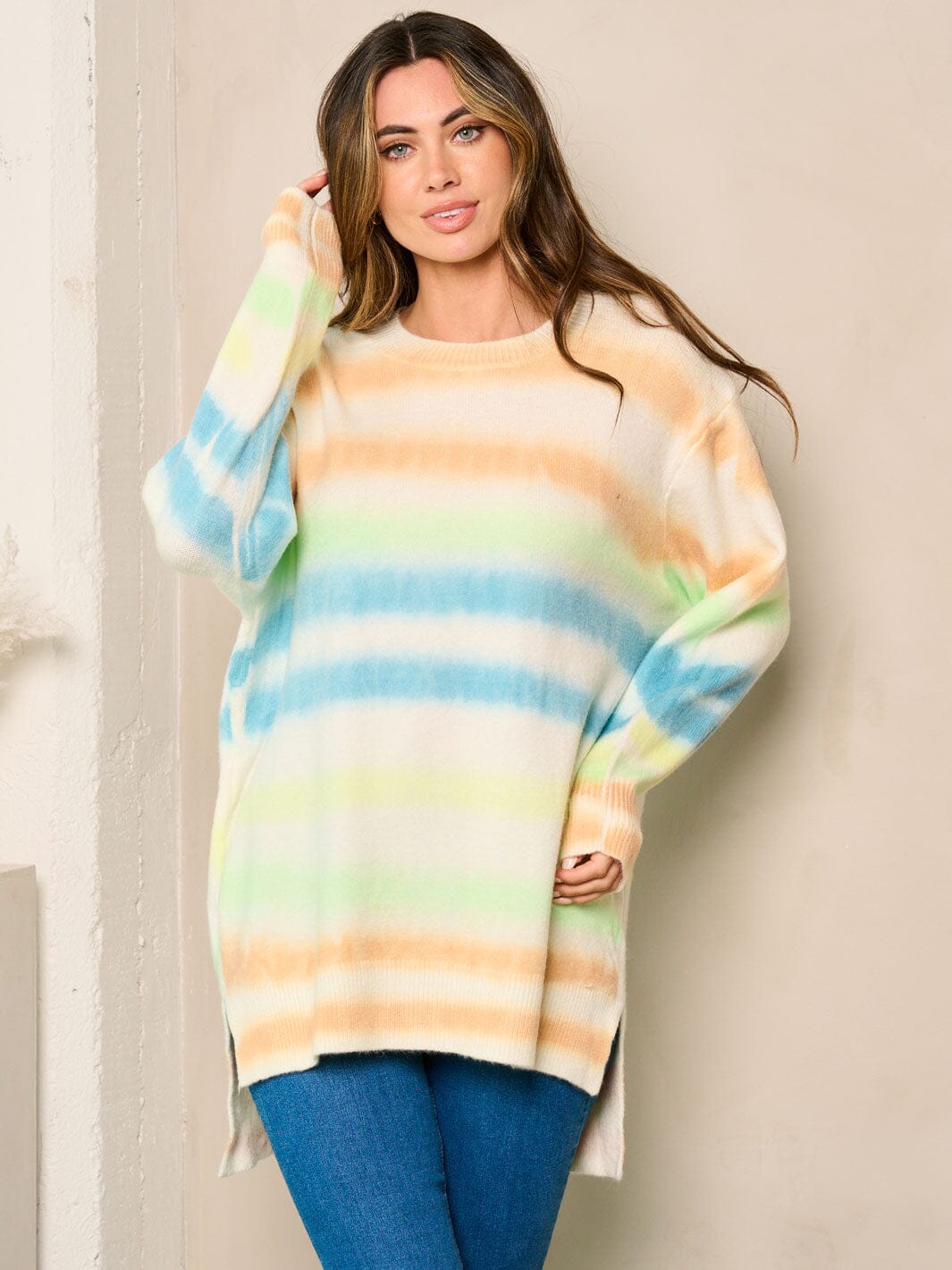 WOMEN'S LONG SLEEVES MULTI COLOR STRIPES SWEATER