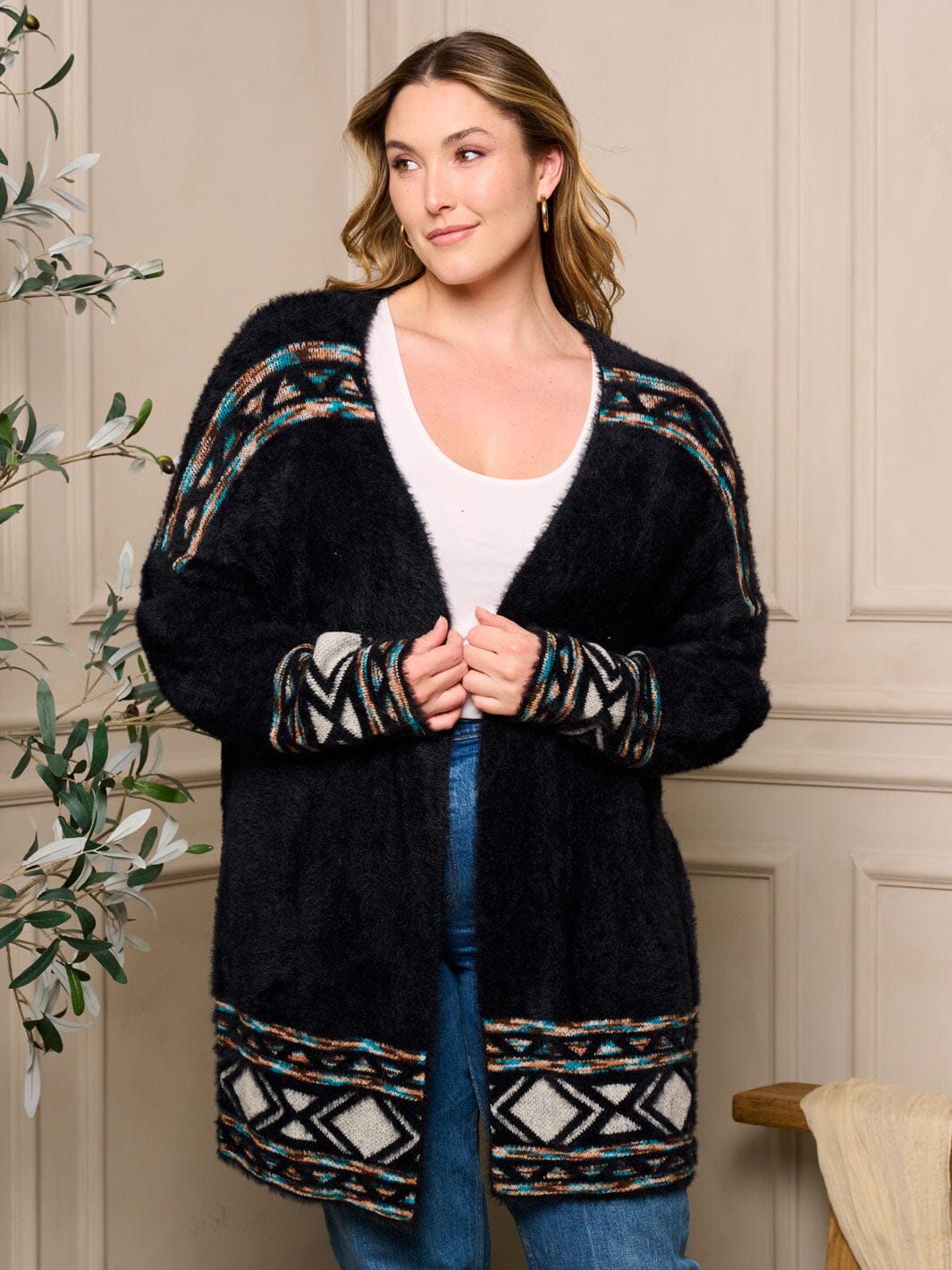 PLUS SIZE LONG SLEEVE OPEN FRONT MULTI CARDIGAN