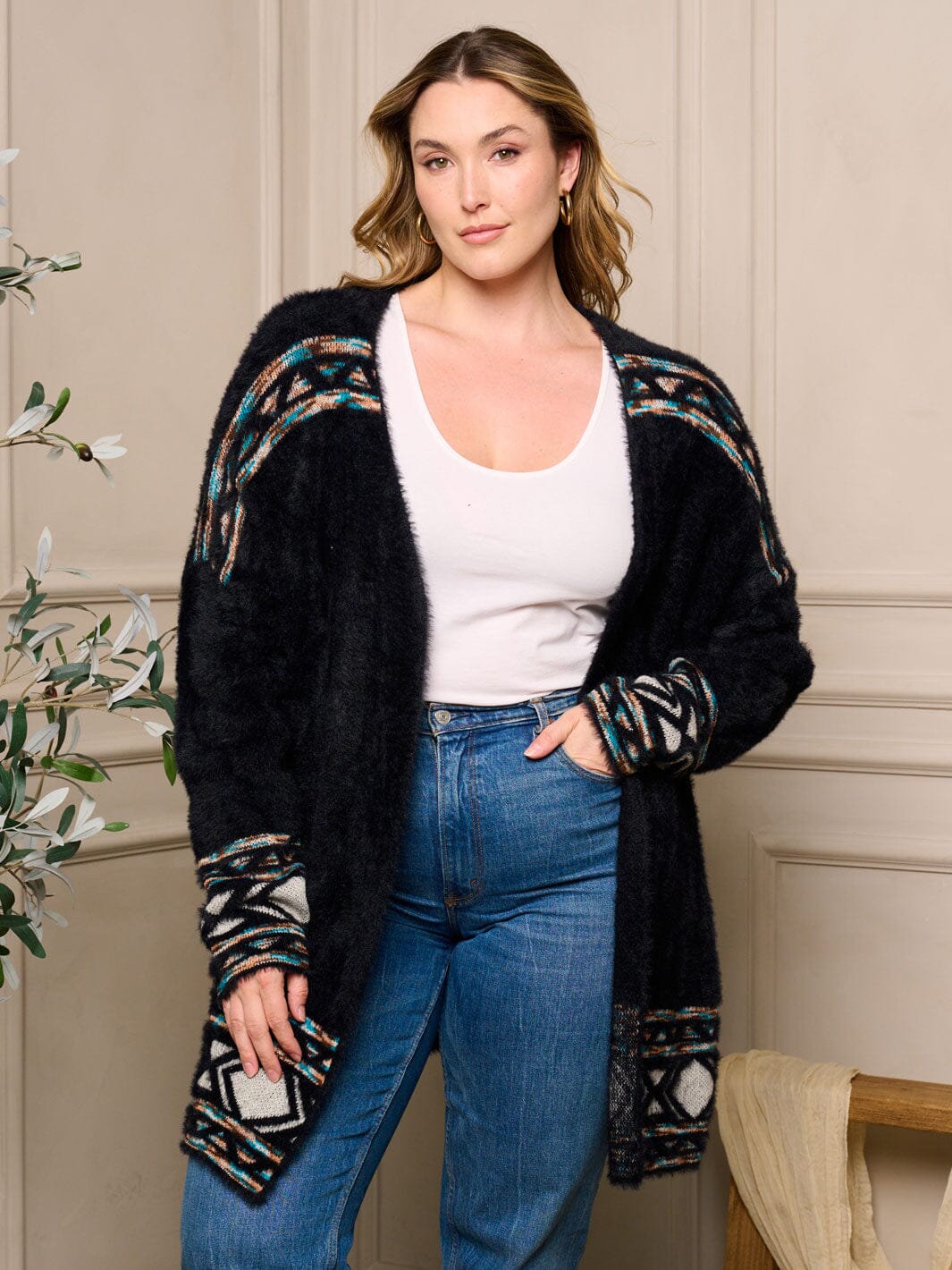 PLUS SIZE LONG SLEEVE OPEN FRONT MULTI CARDIGAN
