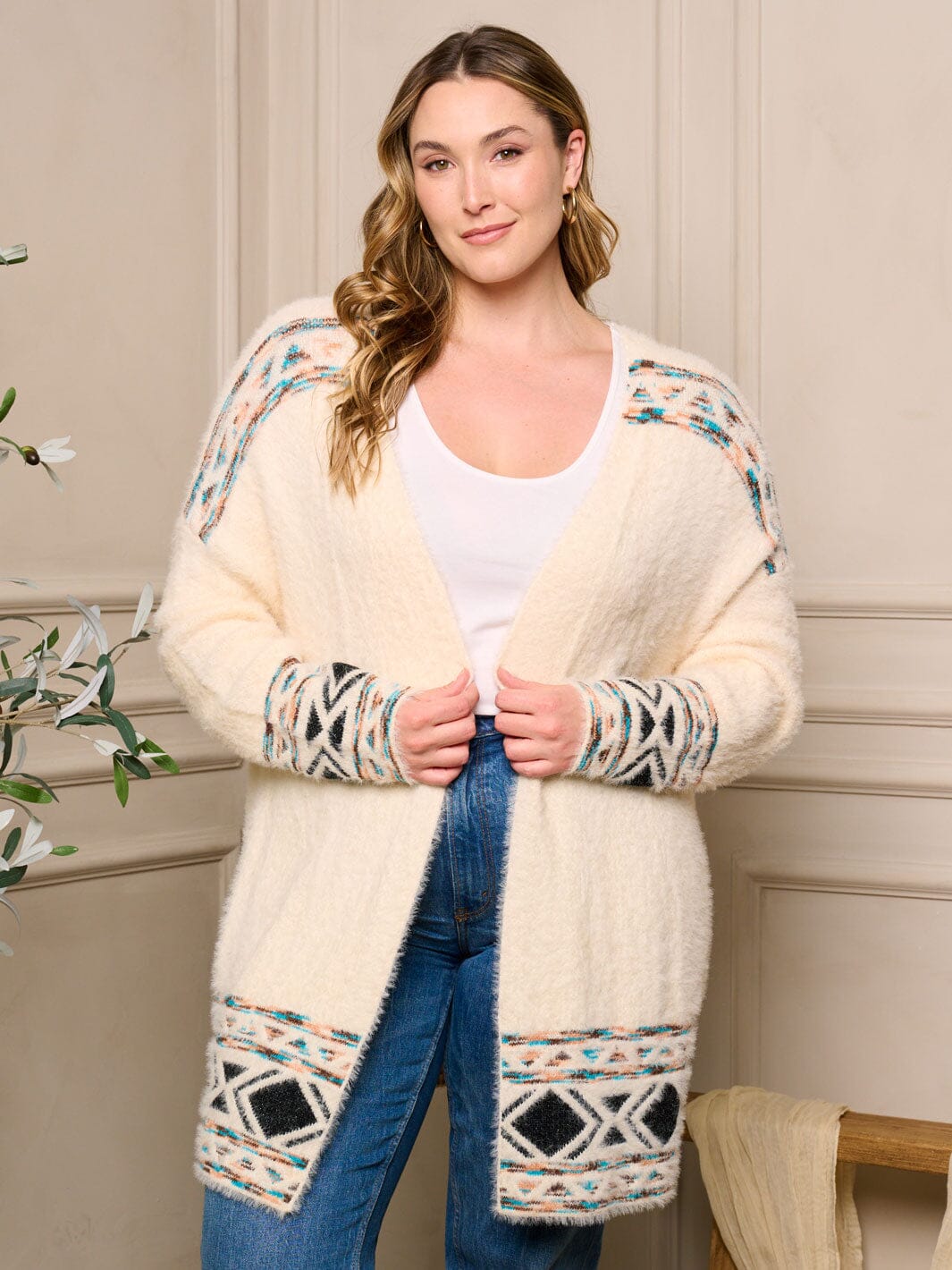 PLUS SIZE LONG SLEEVE OPEN FRONT MULTI CARDIGAN