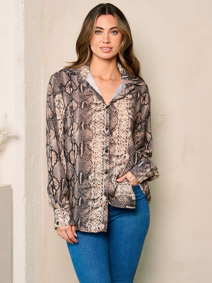 WOMEN'S LONG SLEEVES BUTTON UP SNAKE PRINT BLOUSE TOP