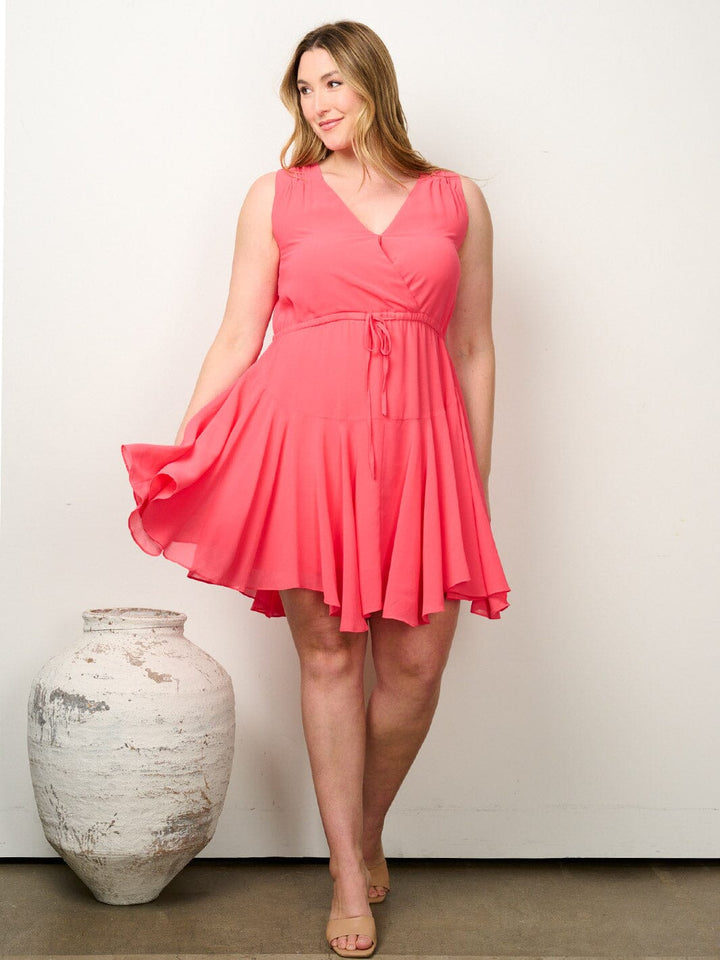 PLUS SIZE SLEEVELESS SURPLICE FIT & FLARE MINI DRESS