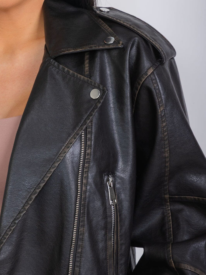 WOMEN'S LONG SLEEVE ZIPPER CLOSURE PU PLEATHER JACKET