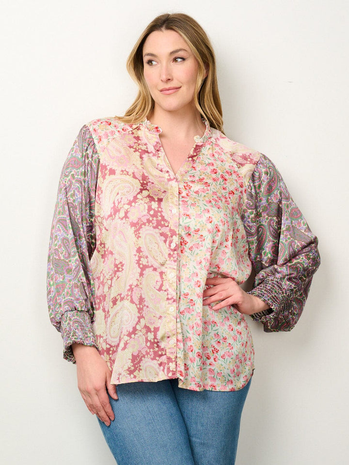 PLUS SIZE LONG SLEEVE BUTTON UP COLORBLOCK FLORAL BLOUSE TOP