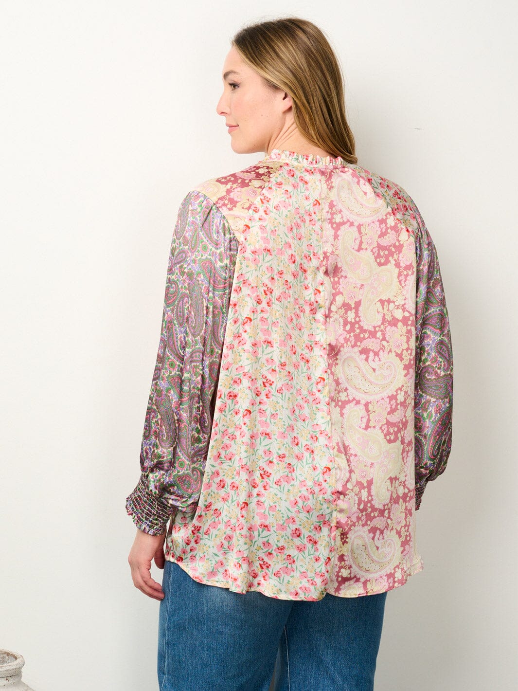 PLUS SIZE LONG SLEEVE BUTTON UP COLORBLOCK FLORAL BLOUSE TOP